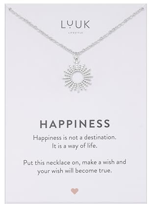 LUUK LIFESTYLE Filigrane Halsketten mit Anhänger und Karte mit HAPPINESS Spruch, zeitloses Design und moderne Motive, in Silber, Gold und Rosegold