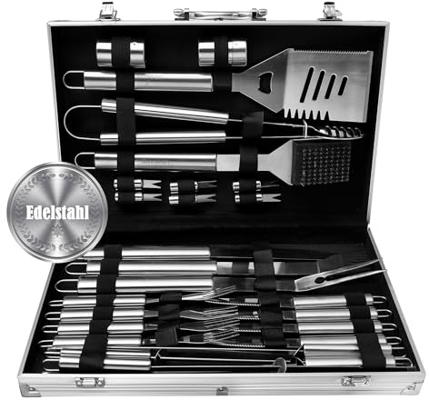 Lehmann Kit Barbecue Ustensiles, 26 pièces en Acier Inoxydable - Pince, Spatule 4-en-1, Fourchette, Brosse de Nettoyage, Set Accessoires Barbecue Complet avec Mallette Portable, Idée