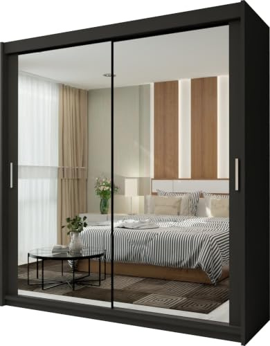 FURNITUREWAVE Full Length Sliding Wardrobe Adjustable Shelves Wardrobe Storage Organiser in 6 Colors Mirrored Wardrobes for Bedroom, Modern Double Door Wardrobes (Black, 150cm)