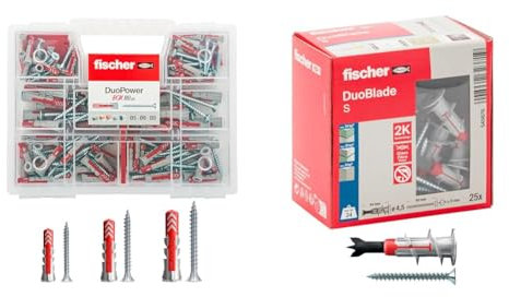 Fischer 544546 Duopower Universal Dowels Kit with Screw, ‎Transparent & 545676 Cavity Fixing, Duoblade S Ld, Self Drilling Plasterboard Plug with Chipboard Screw, Strong Plug