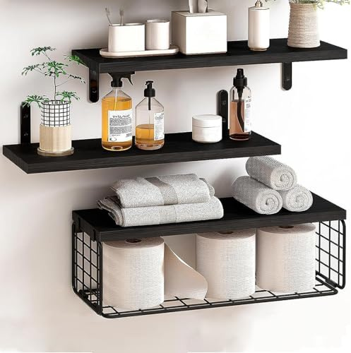 MUNGHOK 3er Set 40cm Wandregal Schwarz, Regalbrett Holz Schweberegal mit Drahtkorb, Regal Wand Holz Wandboard Gewürzregal Hängeregal für Badezimmer, Schlafzimmer, Wohnzimmer, Küche