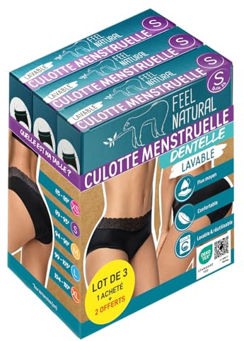 Feel Natural - Pack 3 Culottes Menstruelle - Sous Vêtement Femmes , Culotte de Regle Lavable Anti Fuite - Confort Hygiénique, Protection Absorbante Sans Couture - Dentelle - Noir - Taille L