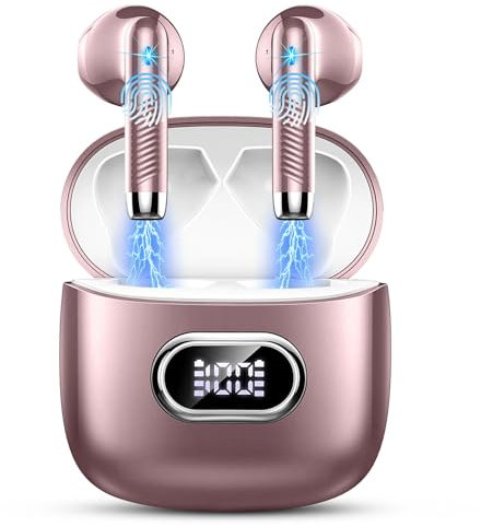 Cuffie Bluetooth 5.4, Auricolari Bluetooth Stereo HiFi con 4 ENC Mic, Cuffie Wireless Ricarica USB-C, Cuffie Senza Fili 42H LED Display, In Ear Cuffiette IP7 Impermeabili per Androide/iOS Rosa