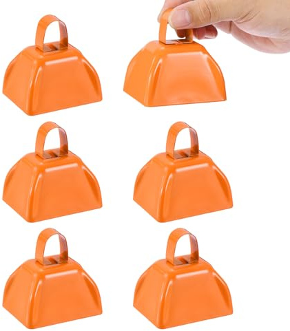 PATIKIL 6pcs Cow Bells for Football Games, 3inch Cowbells for Sporting Events Bulk Loud Noise Makers Metal Cow Bell with Handle for Cheering Wedding,Orange