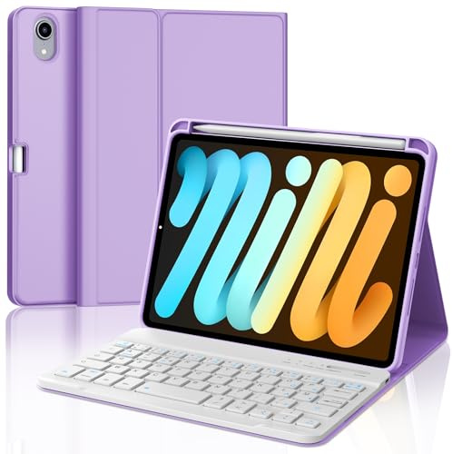 JADEMALL Coque Clavier pour iPad Mini 7 (A17 Pro) 8.3, AZERTY Clavier Bluetooth Détachable pour iPad Mini 7/6 8.3, Violet Clair