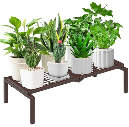 Gouisalin 1 Tier Metal Plant Stand Indoor Outdoor, Potted Multiple Flower Pot Holder Rack Plant Shelf, Heavy Duty Planter Display Shelving for Patio Balcony Garden Living Room Decorative (Brown)