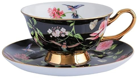 Taza de té y platillos de cerámica, tazas Esppresso, taza de hueso de porcelana con borde dorado, juego de tazas de té florales para fiestas, decoración del hogar (black, 1pcs)