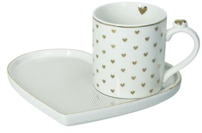 BRANDANI Set Tazza Mug con Vassoio Amore 51662 Cuore Porcellana Bone China Bianco Oro