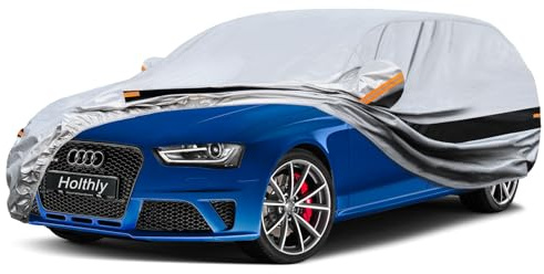 Holthly 10 Schichten Autoabdeckung Kombi 100% Wasserdicht,Auto Abdeckplane für Vollgarage.Autoplane Passend für Audi A4 Avant,VW Passat Estate,Octavia Combi,BMW 3er Touring.Autogarage Silbrig C13