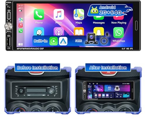 Hikity 2+64G Android 15 1 DIN Radio Coche con Pantalla Táctil, 6,9 1 DIN Carplay Radio con Navi GPS WiFi Android Auto inalámbrico Radio Bluetooth RDS/FM SWC Enlace Espejo Micro Cámara Trasera