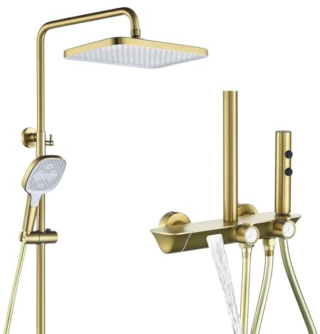 Colonne de Douche Thermostatique avec Mitigeur, Ensemble Système de Douche avec Pommeau de Douche 32*22cm, Douche à Main 3 Jets, Douchette WC, Robinet de Baignoire Cascade, Hauteur Réglable, Or Brossé