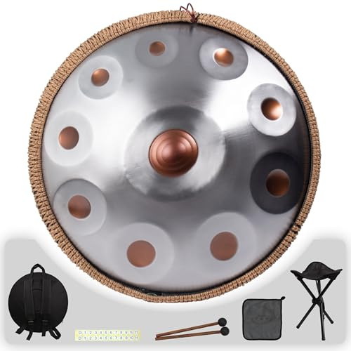 Amkoskr Handpan 19 inch D Minor Kurd Handpans 10 Notes Handpan Drum Instrument for Beginner Performance, 432HZ Sound Hand pan Drums for Adults