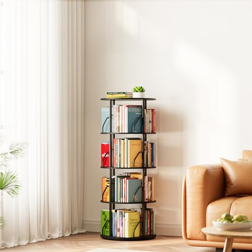 SpaceAid Drehbares Bücherregal mit 4 Ebenen, 360° Display, stapelbar, drehbares Bücherregal, platzsparend, drehbar, rund, bodenstehend, drehbar, Eck-Organizer, schwarz