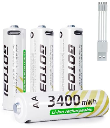 GOTOBI AA Pile Ricaricabili con 4 in 1 Cavo di ricarica USB-C,1.5V 3400 mWh Batterie al litio Ricaricabili 1600 cicli Confezione da 4 pezzi