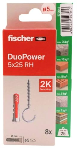 fischer - Duopower 5x25 Con Hembrilla Abierta- 8U, Tacos para pared multimaterial, sirven para Colgar Bicicletas, Cuadros, Armarios, Soportes de Televisión, Estanterías, Muebles.