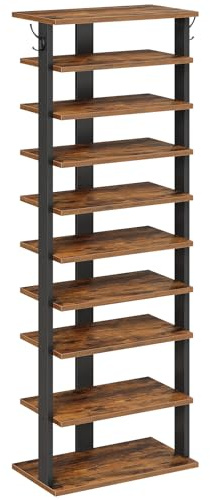 HOOBRO 10-lagiges Schuhregal, schmales Schuhablage, 50 cm Schuhschrank mit 2 Haken, Ablagegestelle, Stabil, für Eingang, Wohnzimmer, Schlafzimmer, Rustikales Braun EFG140XJ01