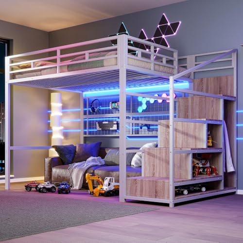 Wyibwy Letto a soppalco 140x200 con luce LED e scala portaoggetti,metallo letto a castello matrimoniale con armadio e griglia,spazio aperto sotto,ferro Letto 140x200 per bambini,senza materasso,bianco