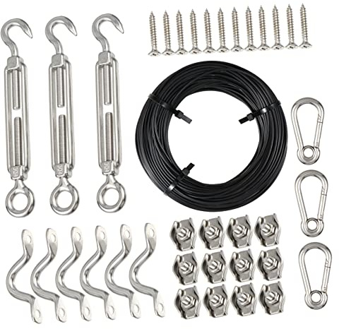 Mikinona Kit de Suspension de Câble Acier Inoxydable pour Guirlandes Lumineuses Ensemble de Corde à Grimper Résistante et Facile à Installer pour Extérieur et Événements