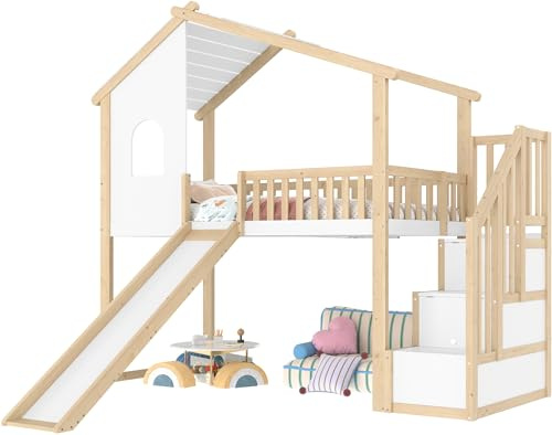 Baumhaus Hochbett mit Rutsche und Stauraumtreppe aus Massivholz, Etagenbett mit Geländer, Platzsparendes Hausbett mit sicherem Schlafbereich und Aufbewahrungsmöglichkeiten (Weiß+Natur,90x200cm)