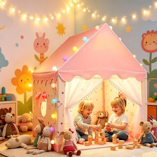 eSynic Tienda Campaña Infantil Casita Infantil Exterior Tienda de Juego para Niños con Toldo Tienda de Juegos Interior y Luces Rincón Acogedor para Niños Playhouse Infantil Casa de Juegos