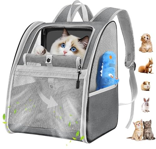 Pawaboo Katzenrucksack Transporttasche, 10 Kg, Atmungsaktiv, Dunkelgrau | Atmungsaktiv, Netzfenster, Ständer Inklusive, mit Sicherheitsleine, für Spaziergänge und Wanderungen