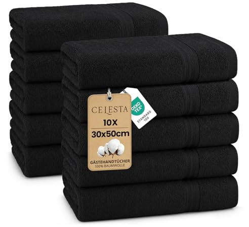 CELESTA Gästehandtuch 10er-Set, 30x50 cm – 100% ringgesponnene Baumwolle, Saugstark & Weich – Oeko-TEX Zertifizierte Handtücher – Schwarz