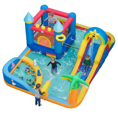 COSTWAY Inflatable Water Park, Kids Bouncy Castle Jumper House with Slide, Climbing Wall, Water Cannons, Basketball Hoop, Outdoor Blow Up Bounce House for 3+ Years Old (Beach Themed)