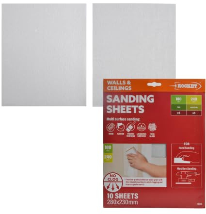 Rocket 10 Pack Wall & Ceiling Hand Sanding Sheets 180/240 Grit | 28 x 23cm Sandpaper Sheets suitable for Wood, Plaster, Paint, Lacquer & Fibreglass