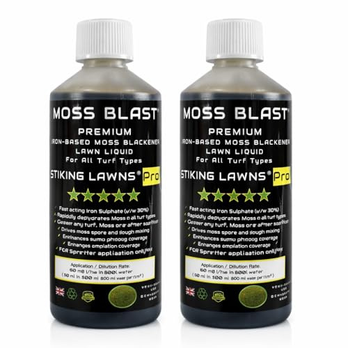 MOSS BLAST 250m² Fast-Acting Lawn Moss Killer by Striking Lawns – Iron Sulphate Liquid | Turns Black in Under 72 Hours | Spray Application | Pet Safe Once Dry (500m²)