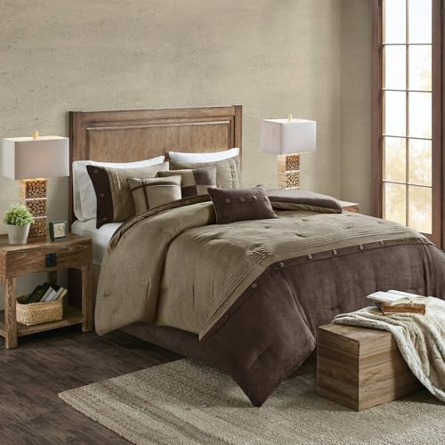 Madison Park Boone Cozy Comforter Set, Faux Suede, Deluxe Hotel Styling All Season Down Alternative Bedding Matching Shams, Decorative Pillow, Queen (90 in x 90 in), Rustic Brown 7 Piece