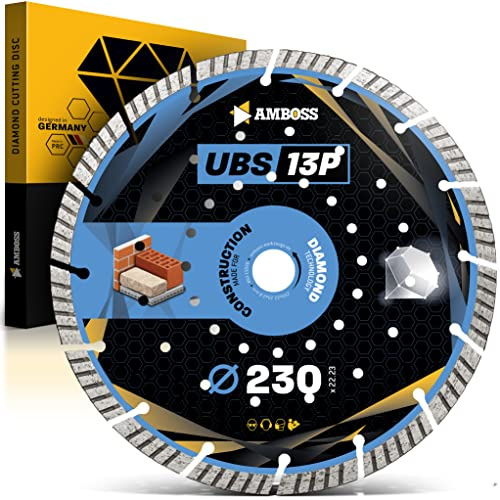 Amboss Diamant Trennscheibe UBS 13P - Diamant-Trennscheibe Ø 230 mm x 22,2 mm - leicht armierter Beton/Baustellenmaterialien/Stein | Segmenthöhe: 12 mm (gesintert)