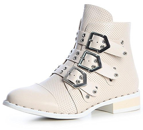 topschuhe24 1499 Damen Stiefeletten Biker Worker Boots Nieten Zierperlen, Farbe:Beige, Größe:37 EU
