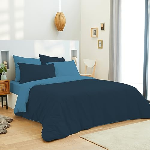 univers decor Pack Complet 6 pcs Bicolore Housse de Couette lit 160 x 200 cm 100% Coton / 57 Fils/cm² (Marine/Turquoise, Pack Complet 6 pièces Bicolore lit 160 x 200 cm)
