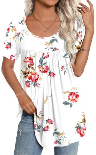 CATHY Women's 2026 Summer Short Sleeve Tunic Tops Loose Fit Comfy Blouses Casual Shirts for Leggings M-4XL,3XL,Floral White