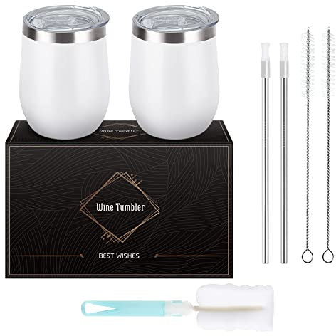 Livole Wine Tumbler Gift Set, Wine Gifts for Women, 12 Oz Stainless Steel Wine Glass with Lid Straw, 2 Pack Stemless Travel Coffee Mug Cup for Home use, Wine, Drinks, Champagne, Cocktails, 2 White