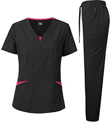 Dagacci Medical Uniform® Scrubs for Women Set – 4-Way Stretch Contrast V-Neck Top and Pants Sets for Women – 9 Pockets (XX-Large, Black)