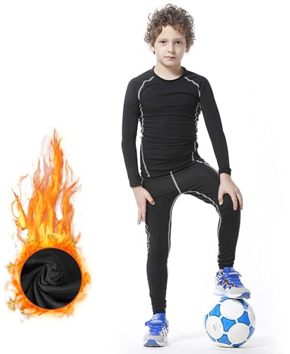 DreiWasser Ensemble de sous-vêtement Thermique Enfant - Sport Respirants Thermiques Ensemble pour Ski et Football pour Garçon et Fille, Haut à Manches Longues + Long Culotte, Noir 4-18 Ans (110-170cm)