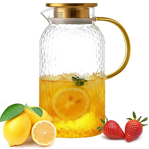 YankMooM 1.6 L Glass Water Jug, Milk Jug Juice Jug with 304 Stainless Steel Lid Clear Glass Water Pitcher Heat Resistant Pitcher for Iced Tea Hot Cold Water