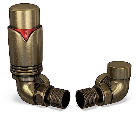 UK Radiators Thermostatic Radiator Valve 1/2 x 15mm - Derry Bold TRV | Brushed Antique Brass Finish - Solid Brass 1/2 x 15mm Corner - Lockshield Included, Easy Installation