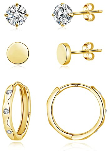 Loutade kreoler silver 925 örhängen örhängen, 3 par sterlingsilver damer örhängen kreoler örhängen set, 4 mm örhängen & 13 mm kreoler dekorativt sovbrosk tragus helix örhängen set, Cubic Zirconia