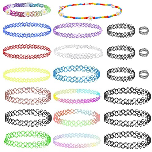 GoldRock 17x Choker, 3x Armbänder, 3x Ringe Schwarz, Neon Kette - Tattoo & Gothic Set für Damen & Mädchen, 90er Jahre Accessoires