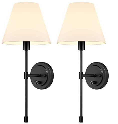 Wandlampe aus Metall in Schwarz mit Weißen Stoffschirm, Vintage E27 Wandleuchte mit Schalter,Festverdrahtete Wand Nachttischlampe,Klassisch Innen Wandbeleuchtung für Flur Schlafzimmer Wohnzimmer,2pack