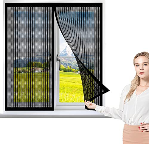 Magnet Fliegengitter Fenster 105 x 125 cm, Insektenschutz Selbstklebendes Fliegengitter für Fenster, Automatisches Schließen für Alle Arten von Fenstern, Schwarz