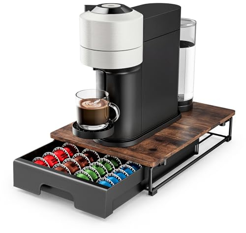 EVERIE Wooden Coffee Pod Storage Drawer for Nespresso VertuoLine Capsules, Large Capacity Countertop Coffee Station Organizer, Rustic Brown