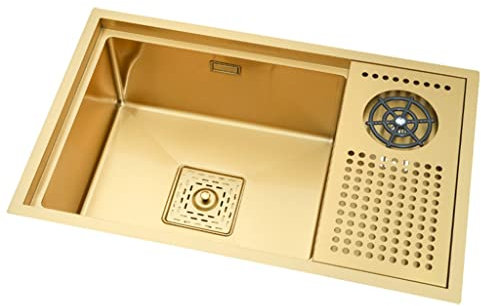 Küchen-Goldspüle mit Glaswaschbecken-Abdeckung, Edelstahl-Einzelbeckenspüle, kleine Barspüle, Küche unter Thekenbecken, Gemüsewaschbecken, Spülbecken (Farbe: Gold, Größe: 55 x 30 x 22 cm)