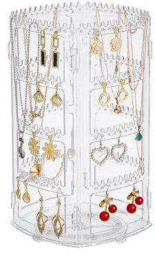 Himilucky 4 Tier 360°Rotating Acrylic Earring Holder Organizer, Earring Storage Display Tower Rack, Earring Tree Display Organizer for Home, Storage Necklaces Rings Earrings, Women Girls Using