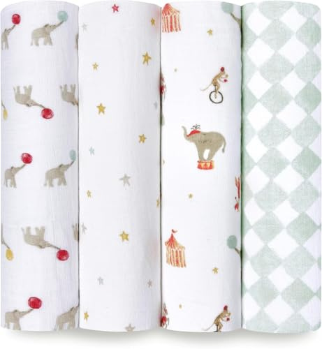 aden + anais Essentials Disney Baby Muslin Swaddle Blankets, Newborn Receiving Blanket for Swaddling, 100% Cotton Baby Swaddle Wrap, 4 Pack, Elephant Circus