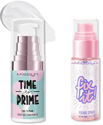 Misslyn | Grundierung für Gesicht, Primer, feuchtigkeitsspendende Grundierung und Fixierspray für Make-up, Fixierer, Highlighter – Set Primer und Spray