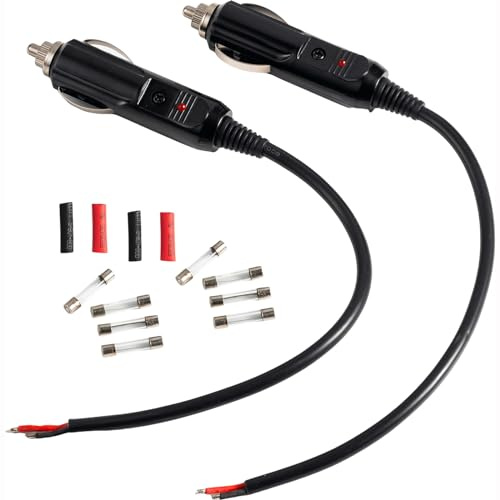 Cigarette Lighter Male Plug Replacement 12-24V Fused 2 Pack,1FT 16AWG Extension Cable with 5A10A15A20A Fuse Male Cigarette Lighter Plug Adapter with Leads & LED Light, 12-24V Plug Connector Socket