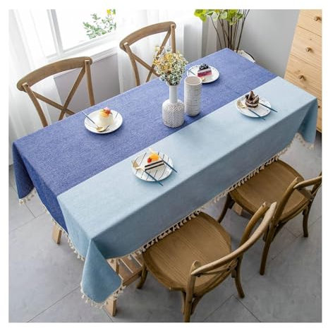 Gualiy Tischdecke Baumwolle Leinen, Tischtuch 140x220CM Tischtuch Abwaschbar Farbblockierung mit Quasten Tischdecken für Esstisch, Blau Grün